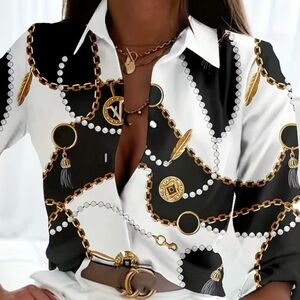NWOT Chain Print Button Front Shirt, Casual Long Sleeve Shirt